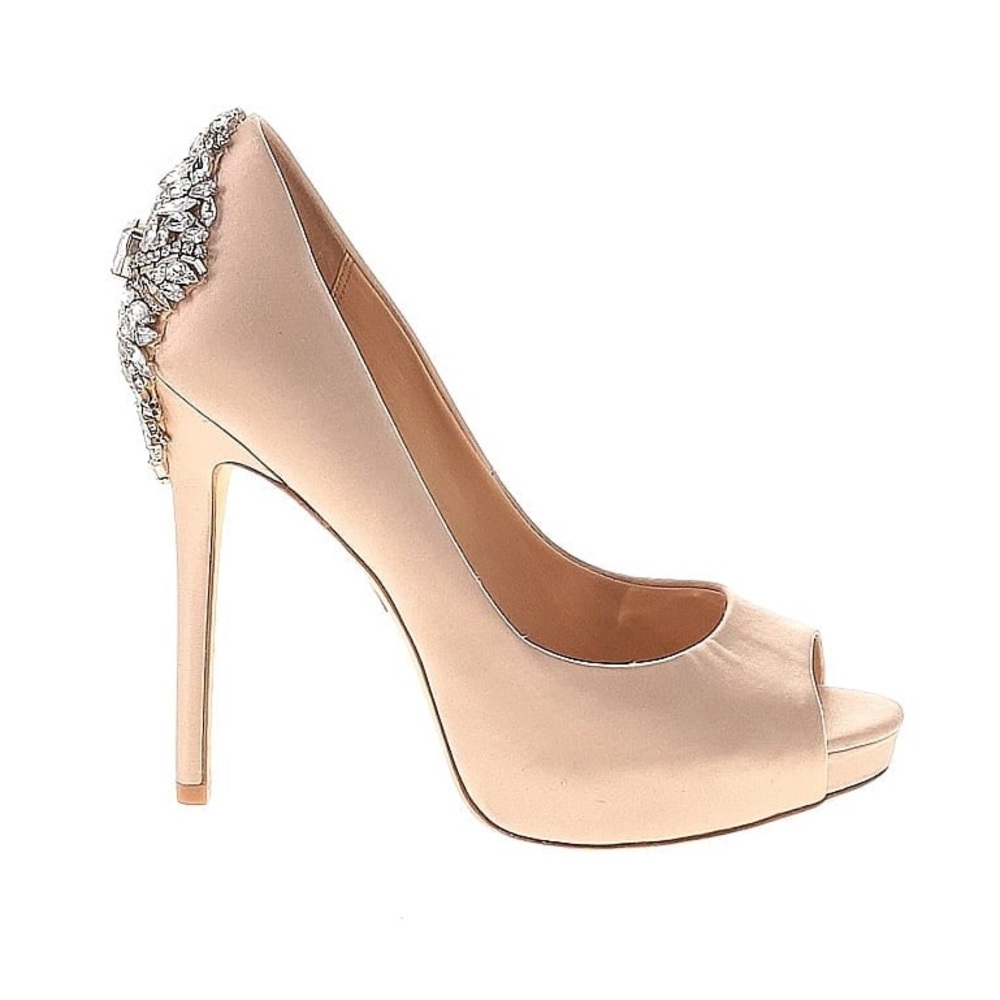 Badgley Mischka Kiara Embellished Peep-toe Pump Size:7.5 in Champagne Nude Satin